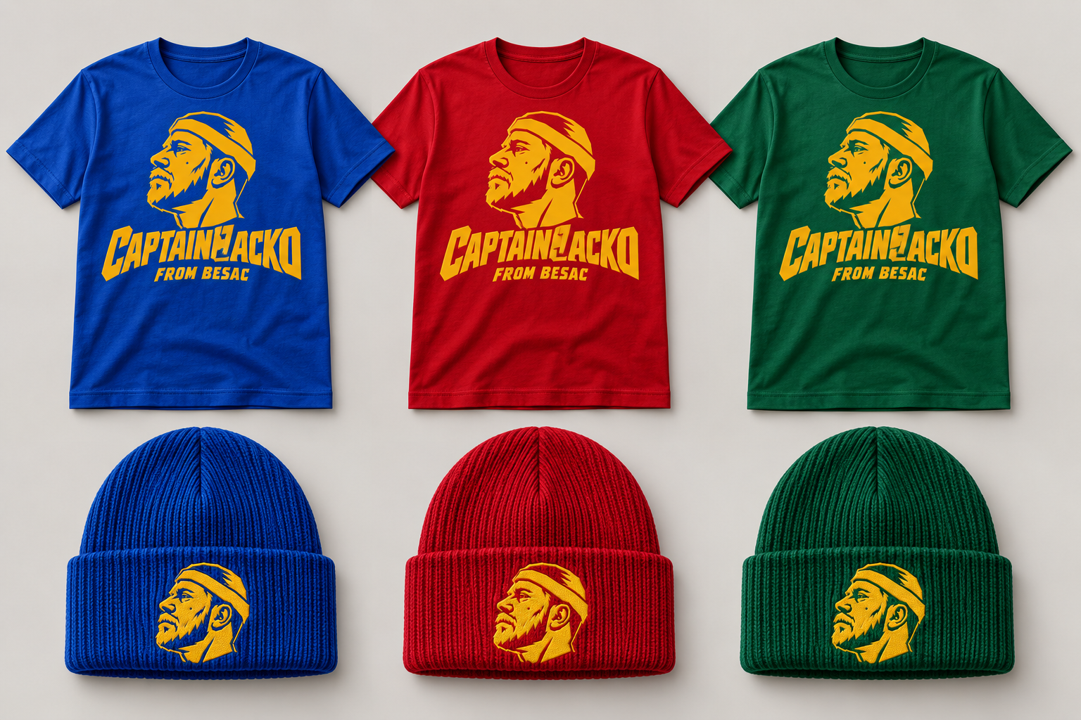 T-shirts et bonnets Captain Jacko, bleu électrique, rouge et vert, avec logo or